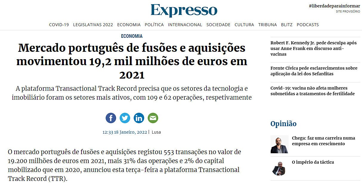 Mercado portugus de fuses e aquisies movimentou 19,2 mil milhes de euros em 2021